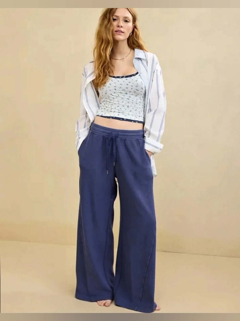Aerie Soft Landing Ribbed Trouser Wide Leg Pants - Medium Indigo Wash